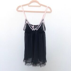 Y2K Victoria's Secret Womens Babydoll Cami Top Size L Black‎ Mesh Lace Coquette